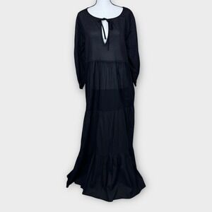 Natural Life Black Striped Tiered Maxi Dress Tie Neck Cotton L/XL Cottagecore